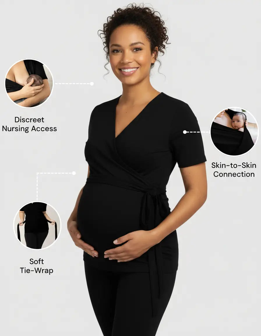Smiling pregnant woman in a black 3-in-1 skin-to-skin nursing wrap top with tie-wrap and discreet access.