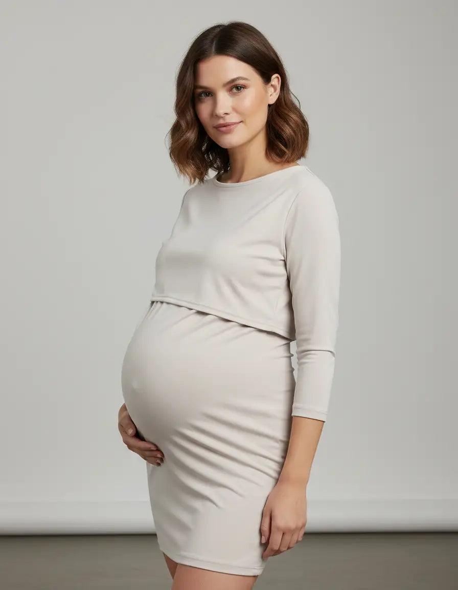 Pregnant woman in a light beige, long-sleeve, round-neck nursing top with feeding port.