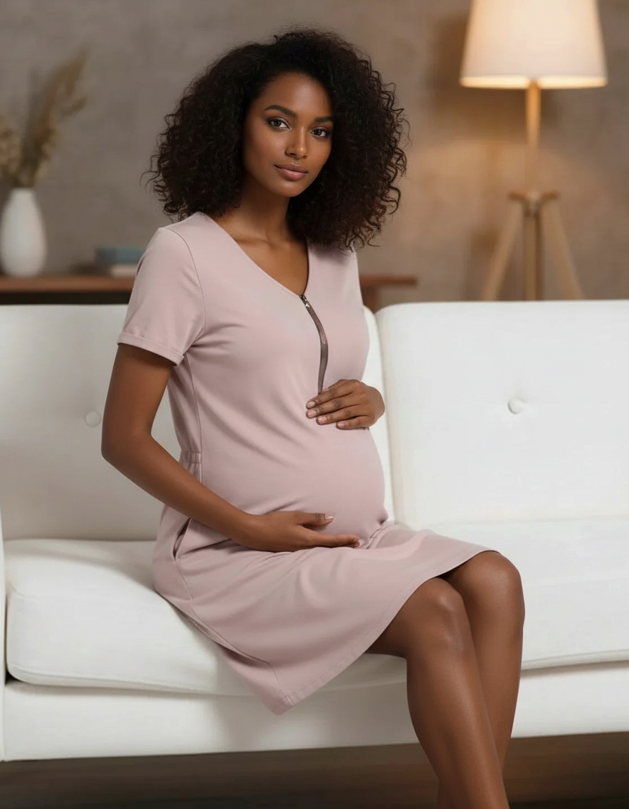 Bump Society – The Nursing Collection: Short-Sleeve Front Zip Maternity & Nursing Dress-Bump Society