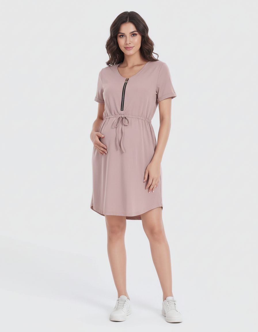 Bump Society – The Nursing Collection: Short-Sleeve Front Zip Maternity & Nursing Dress-Bump Society