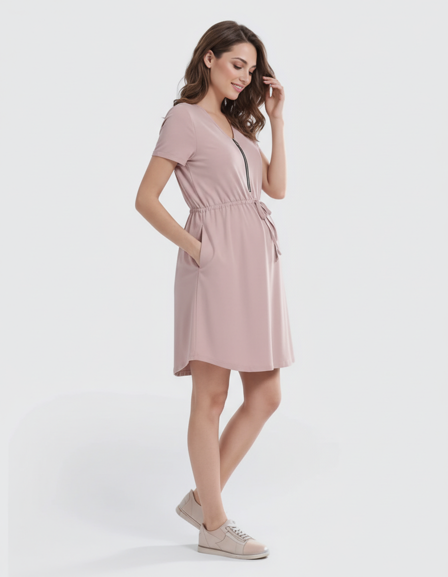 Bump Society – The Nursing Collection: Short-Sleeve Front Zip Maternity & Nursing Dress-Bump Society