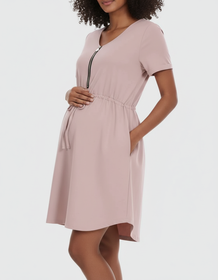 Bump Society – The Nursing Collection: Short-Sleeve Front Zip Maternity & Nursing Dress-Bump Society