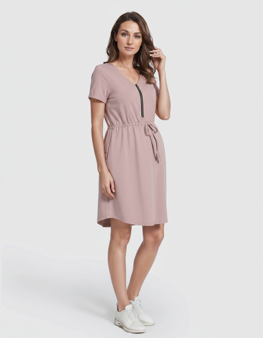 Bump Society – The Nursing Collection: Short-Sleeve Front Zip Maternity & Nursing Dress-Bump Society