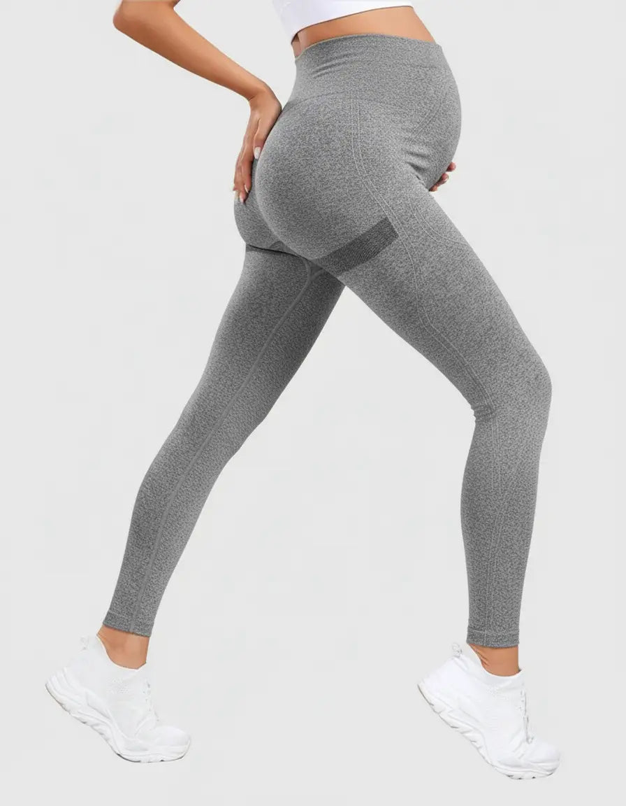 Maternity activewear leggings in heather grey, featuring belly support and sculpting design.
