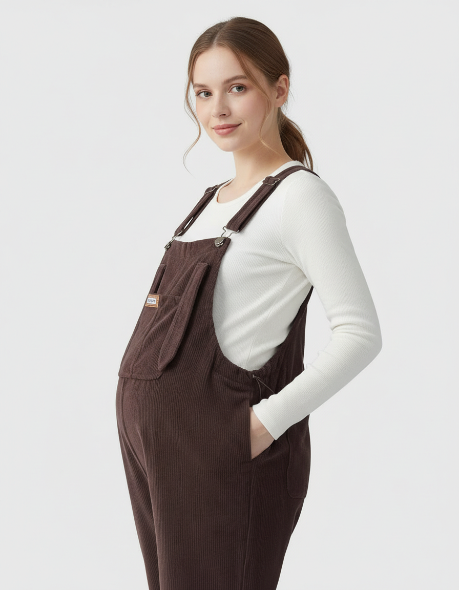 Bump Society – The Support Collection: Knitted Belly Support Adjustable Corduroy Maternity Jumpsuit-Bump Society