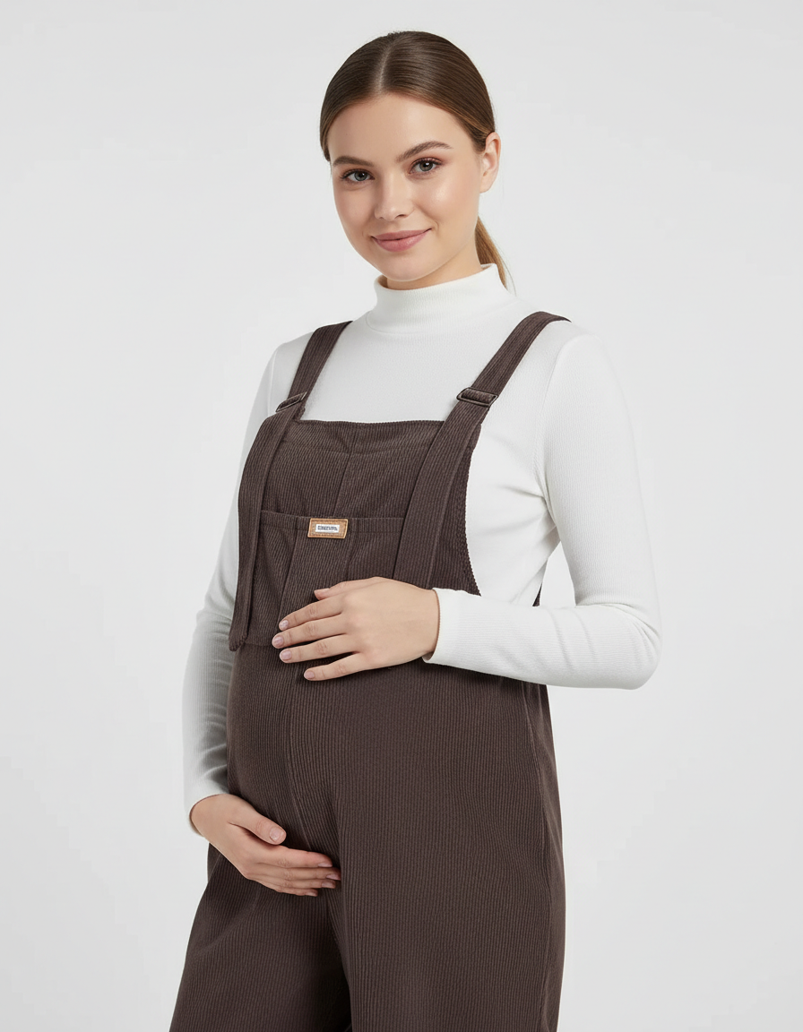 Bump Society – The Support Collection: Knitted Belly Support Adjustable Corduroy Maternity Jumpsuit-Bump Society