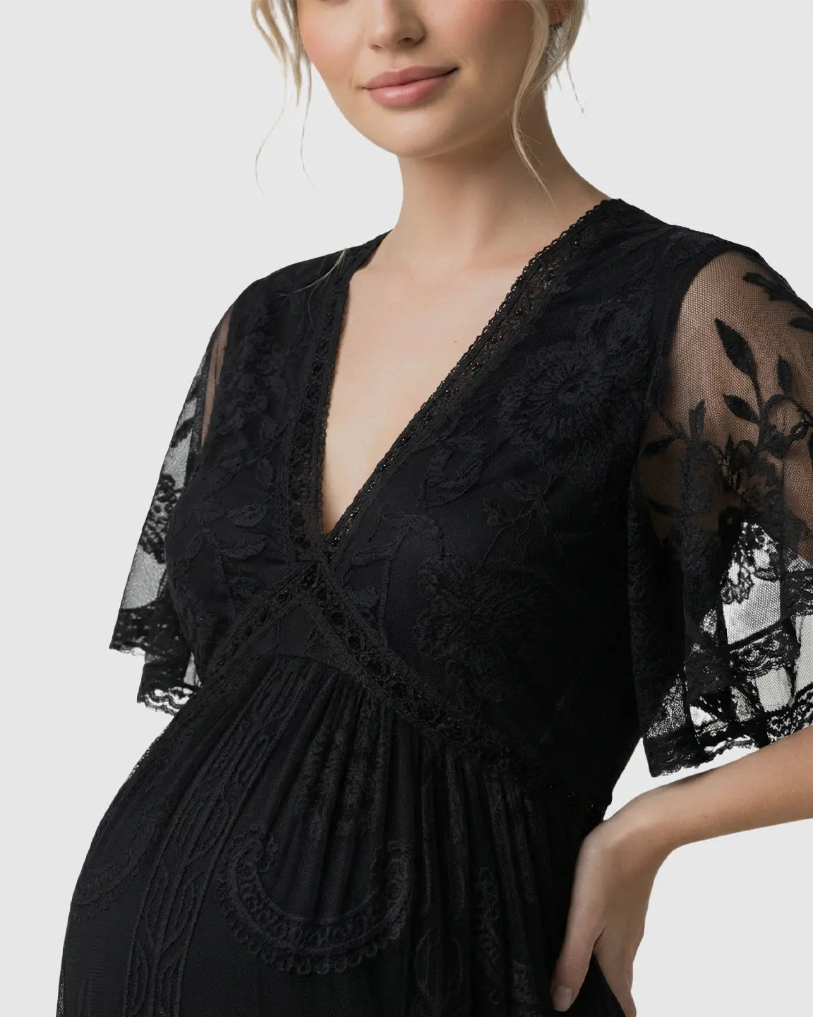 Bump Society – The Comfort Collection: Sheer-Lace Romantic Maternity Maxi Dress