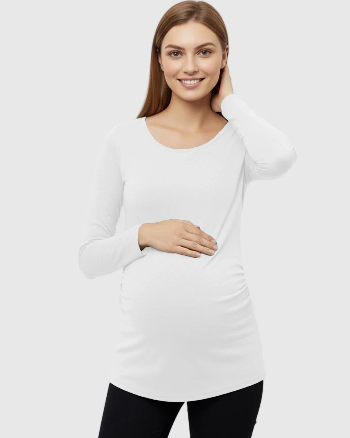 Bump Society – The Comfort Collection: Side Ruched Slim Fit Long Sleeve Maternity Top
