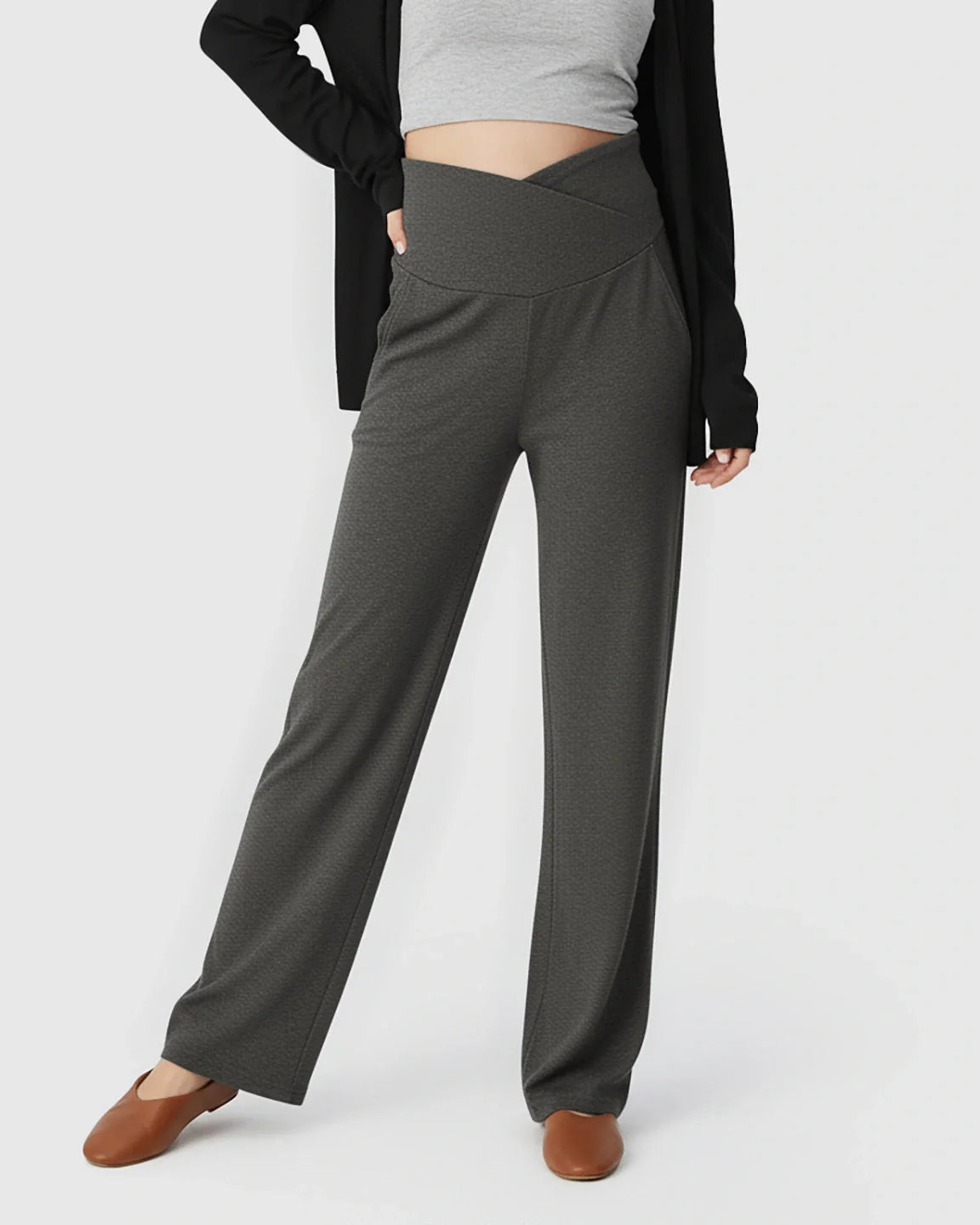 Dark gray wide-leg maternity lounge pants with a crossover waist and side pockets.