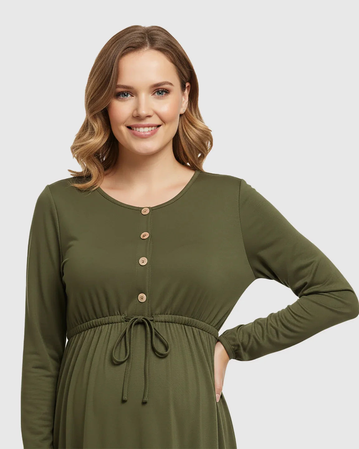 Bump Society – The Comfort Collection: Button-Front Drawstring Waist Maternity Dress