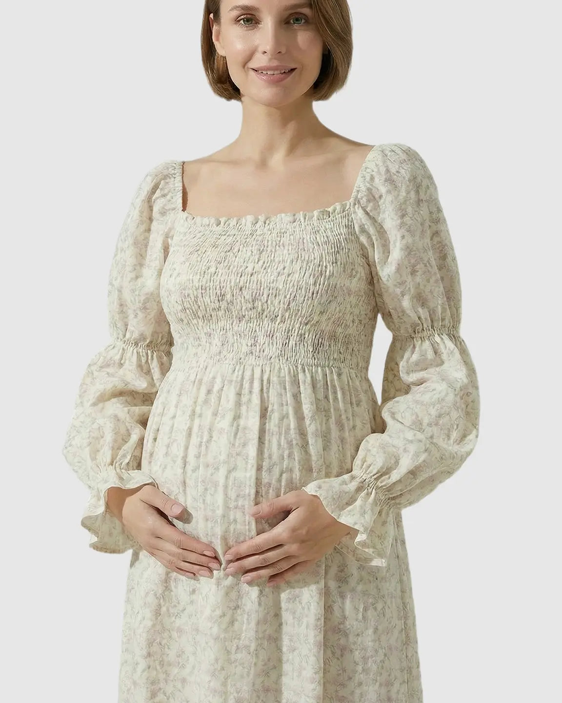 Bump Society – The Comfort Collection: Puffed Long-Sleeve Tiered Skirt Maternity Maxi Dress