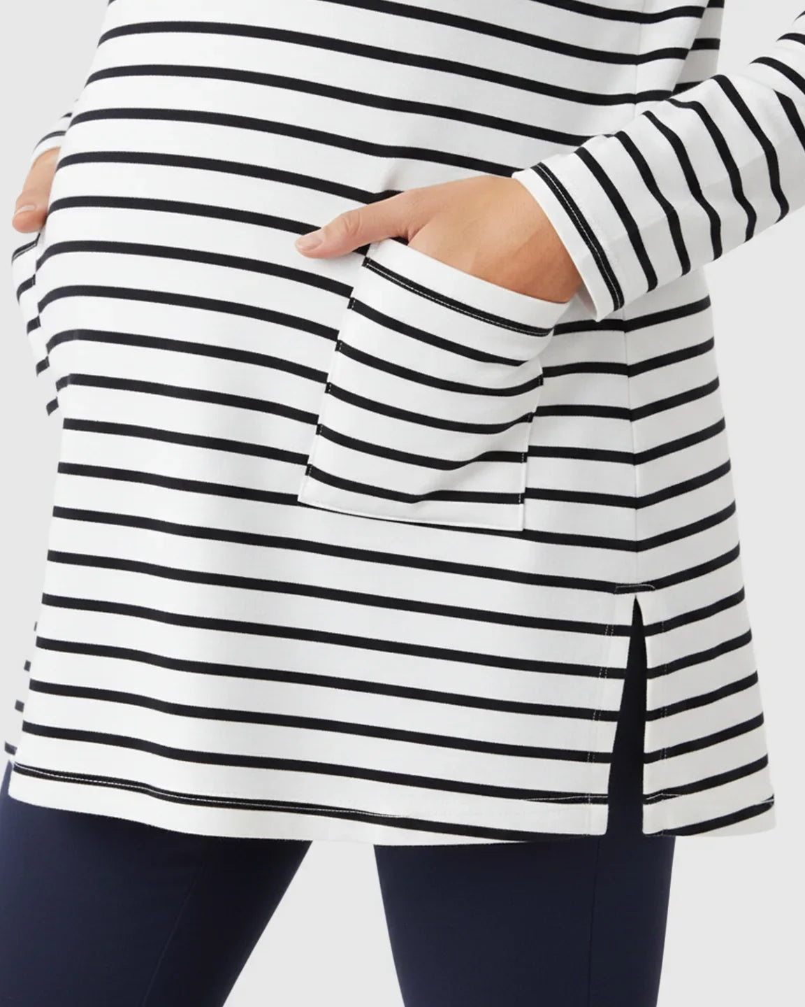 The Comfort Collection: Striped Round Neck Long Sleeve Maternity Top With Pockets