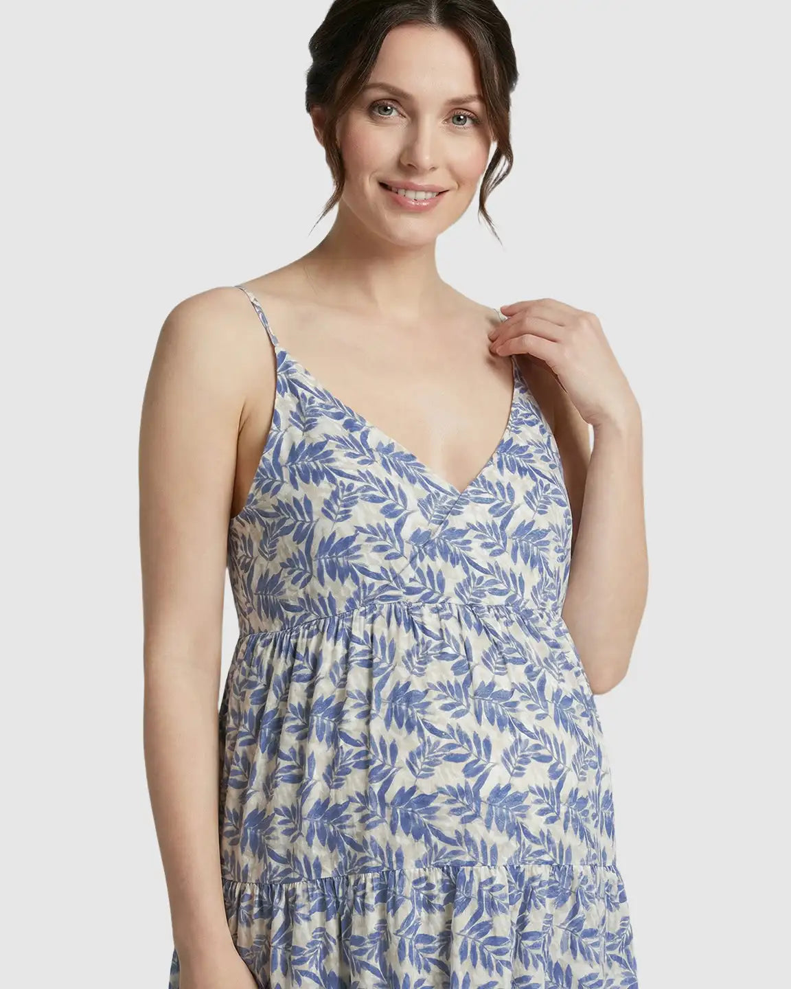 Bump Society – The Comfort Collection: Adjustable-Strap Blue Leaves Print Maternity Nightdress