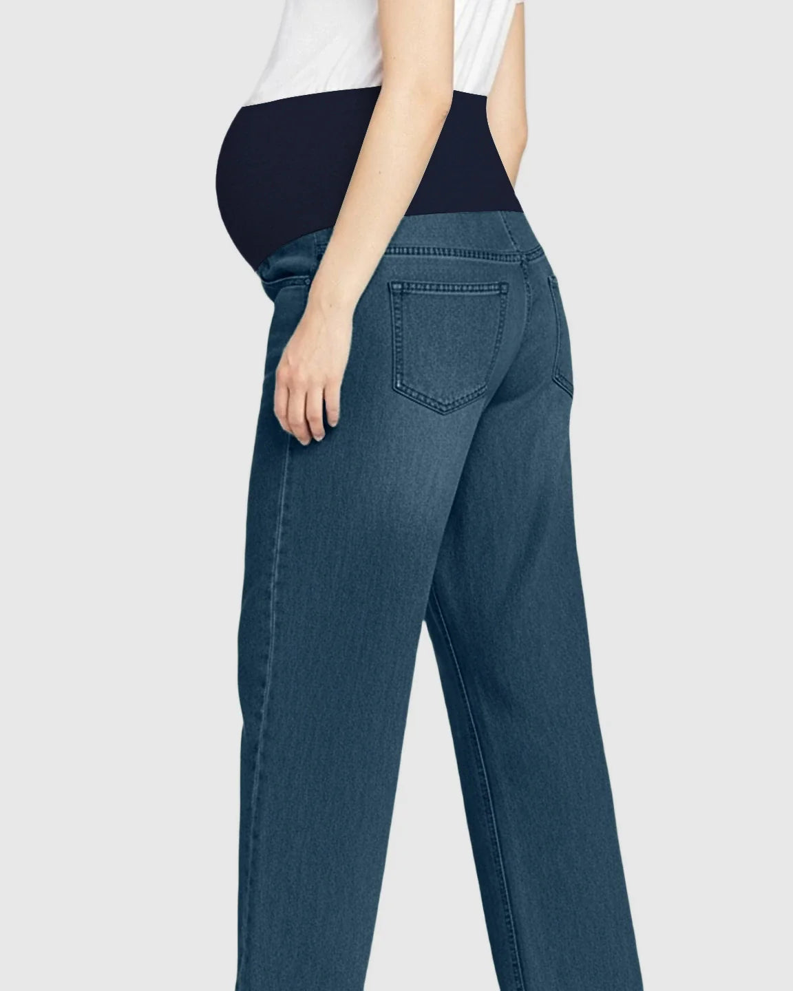 Maternity jeans in blue cotton-spandex denim with a straight-leg cut and dark blue belly support band.