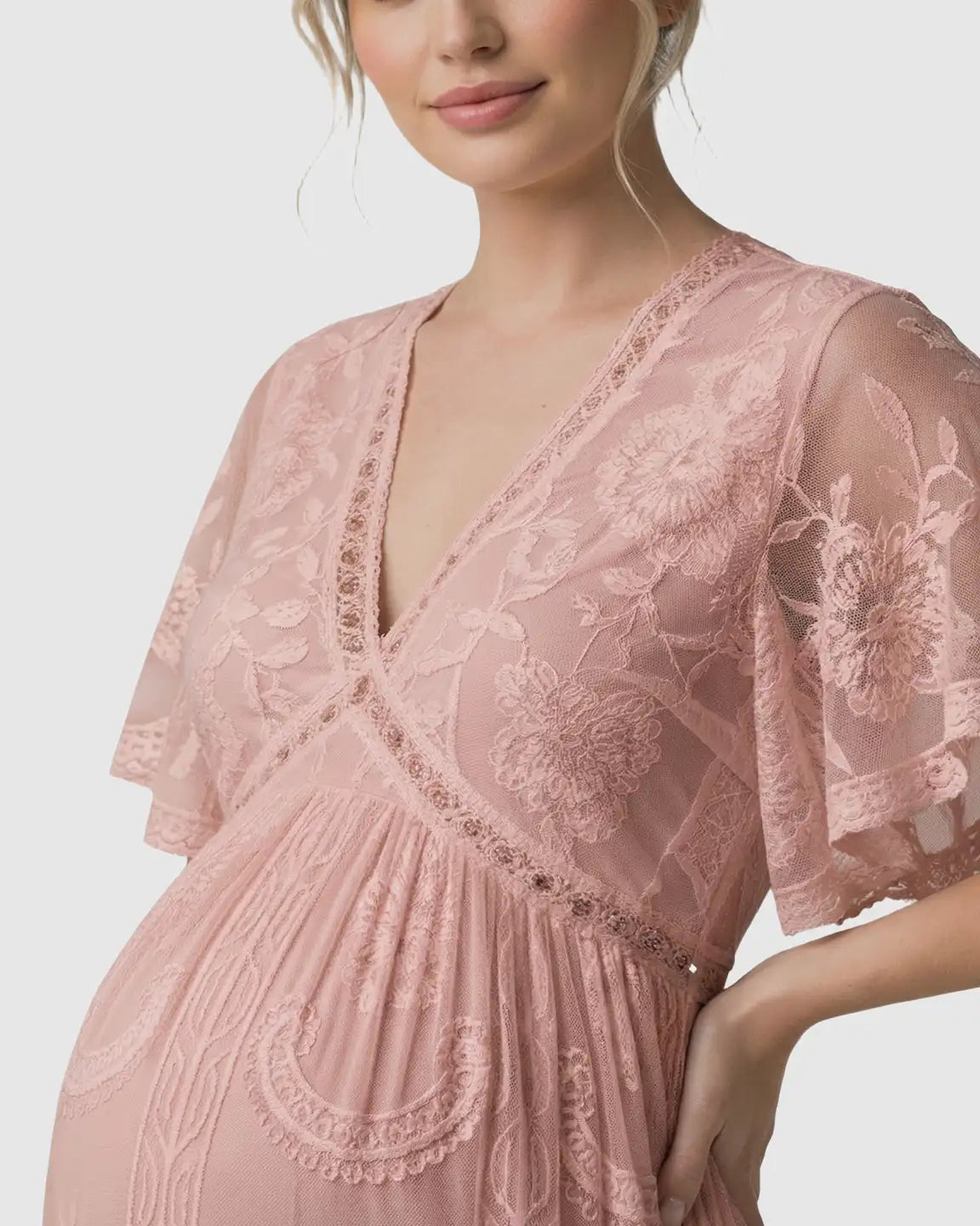Bump Society – The Comfort Collection: Sheer-Lace Romantic Maternity Maxi Dress