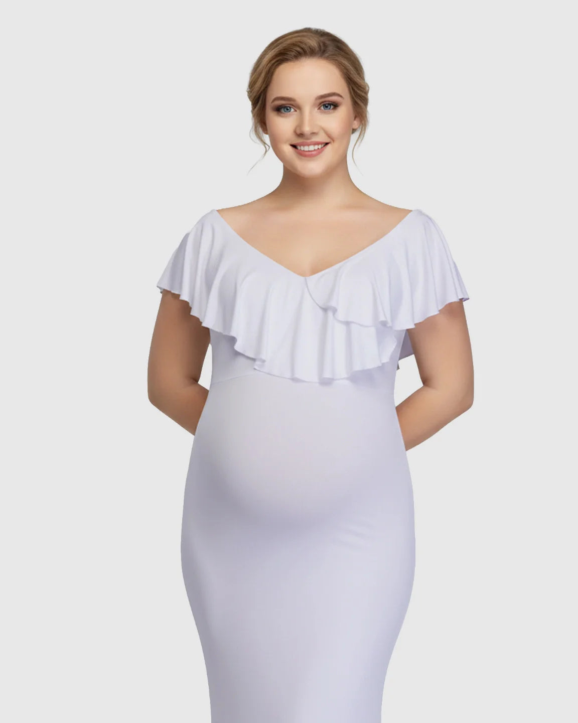 Bump Society – The Comfort Collection: Off-Shoulder Ruffled Bodycon Maternity Maxi Dress