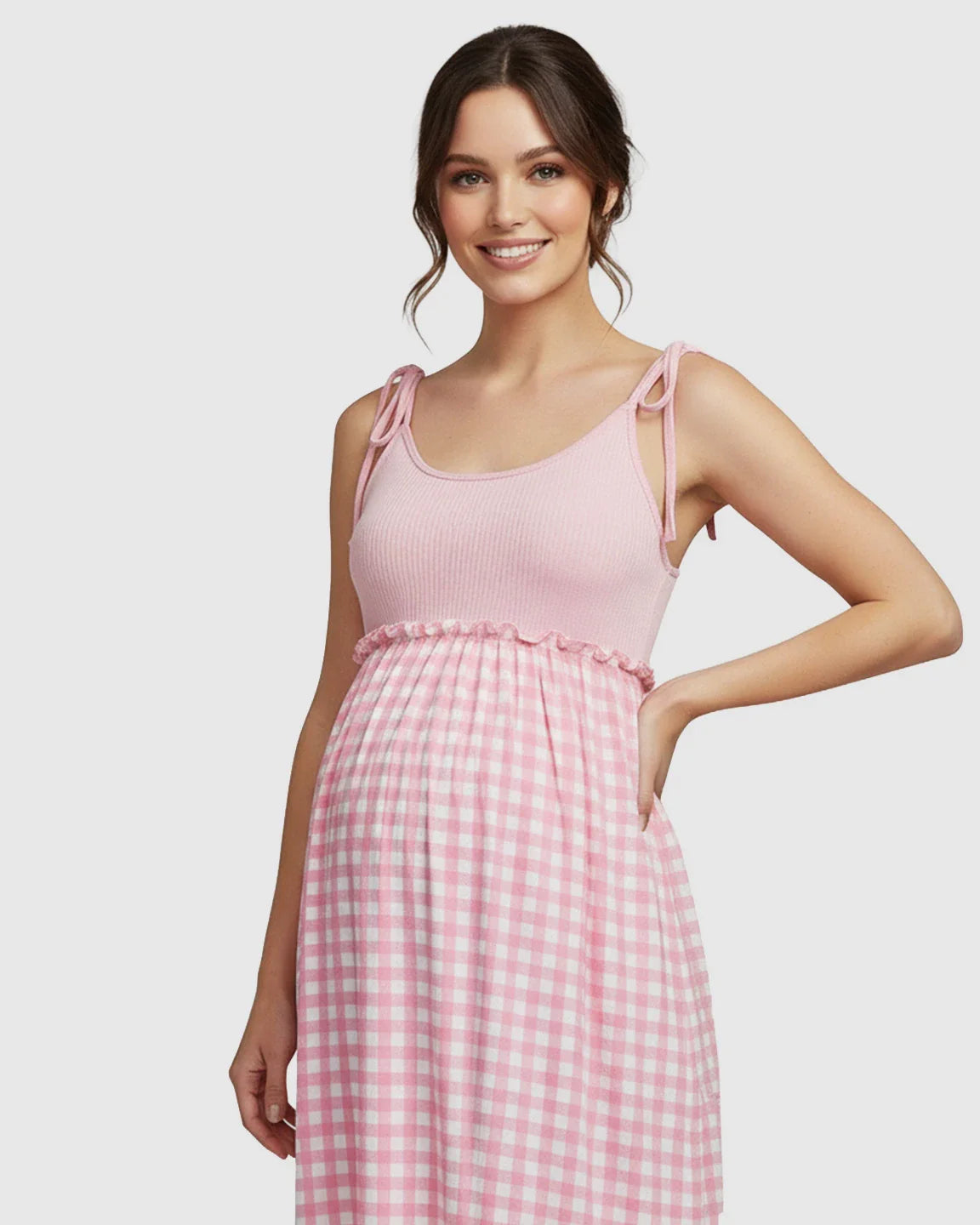 Bump Society – The Comfort Collection: Spaghetti Strap Plaid Patchwork Maternity Maxi Dress