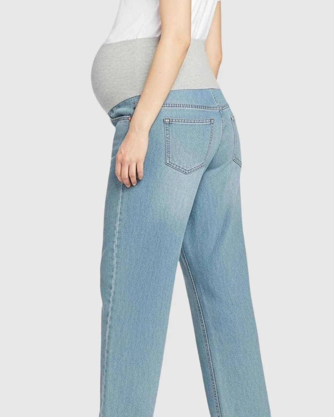 Light blue straight-leg maternity jeans with a gray over-the-belly panel and back pockets.
