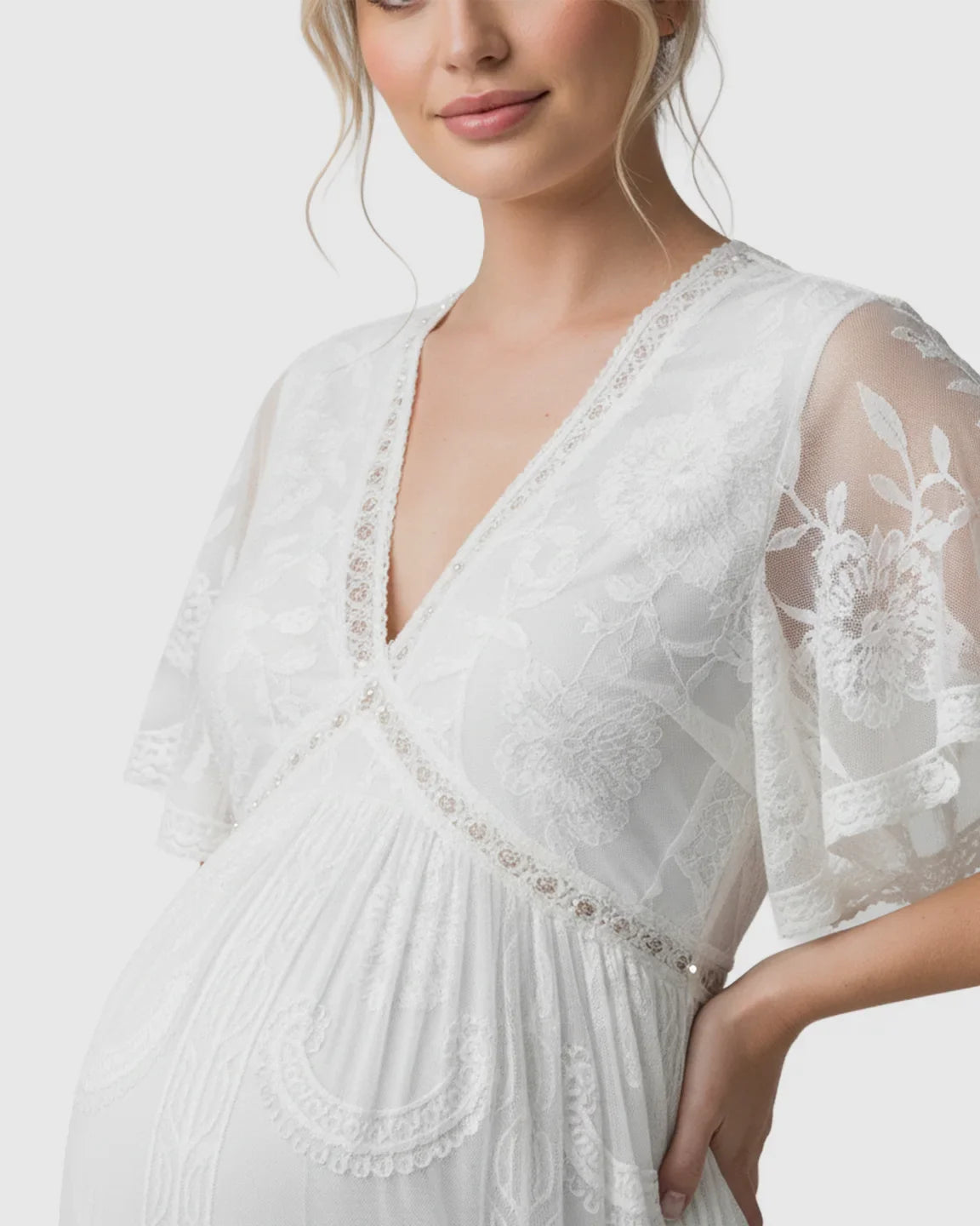 Bump Society – The Comfort Collection: Sheer-Lace Romantic Maternity Maxi Dress