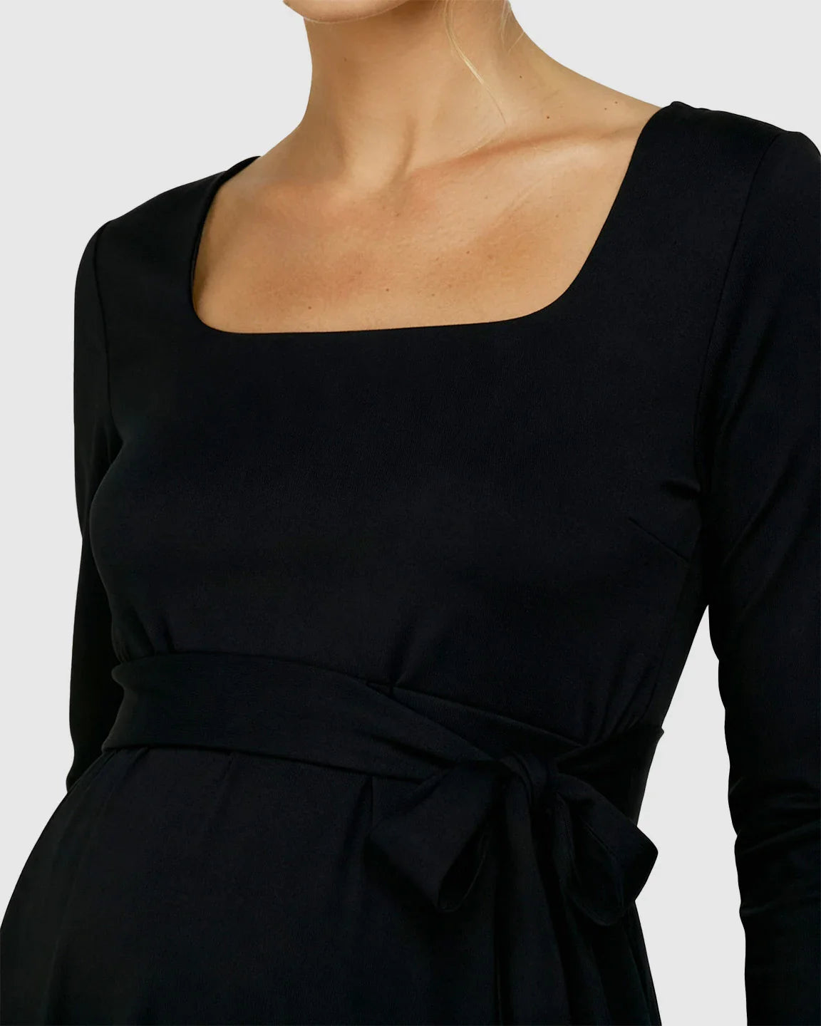 Black long-sleeve square-neck bodycon maternity midi dress with side-tie detail.