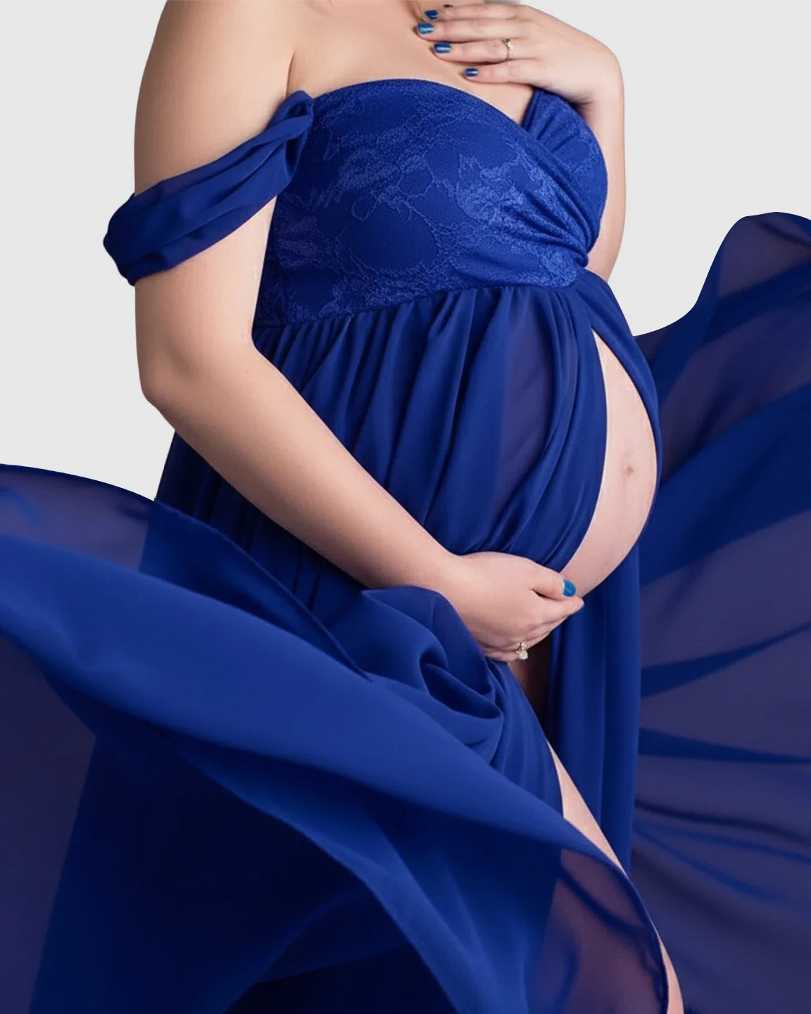Maternity gown: royal blue, off-shoulder, ethereal chiffon with lace bodice, flowing train, open front.