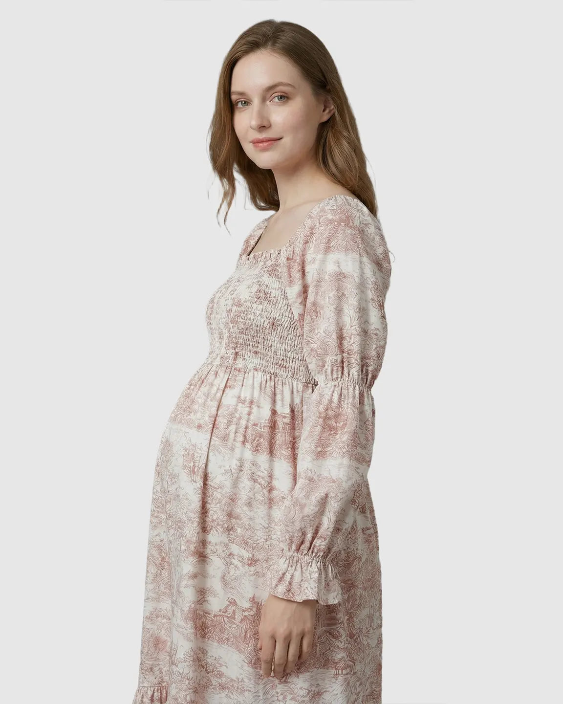 Bump Society – The Comfort Collection: Puffed Long-Sleeve Tiered Skirt Maternity Maxi Dress