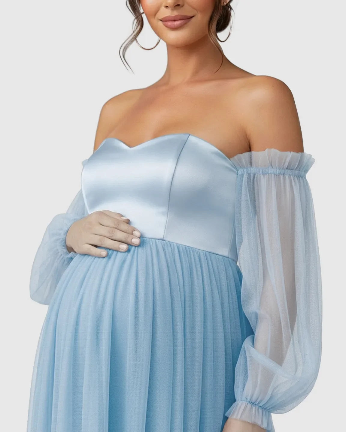Bump Society – The Comfort Collection: Off-Shoulder Mesh-Sleeve Maternity Gown