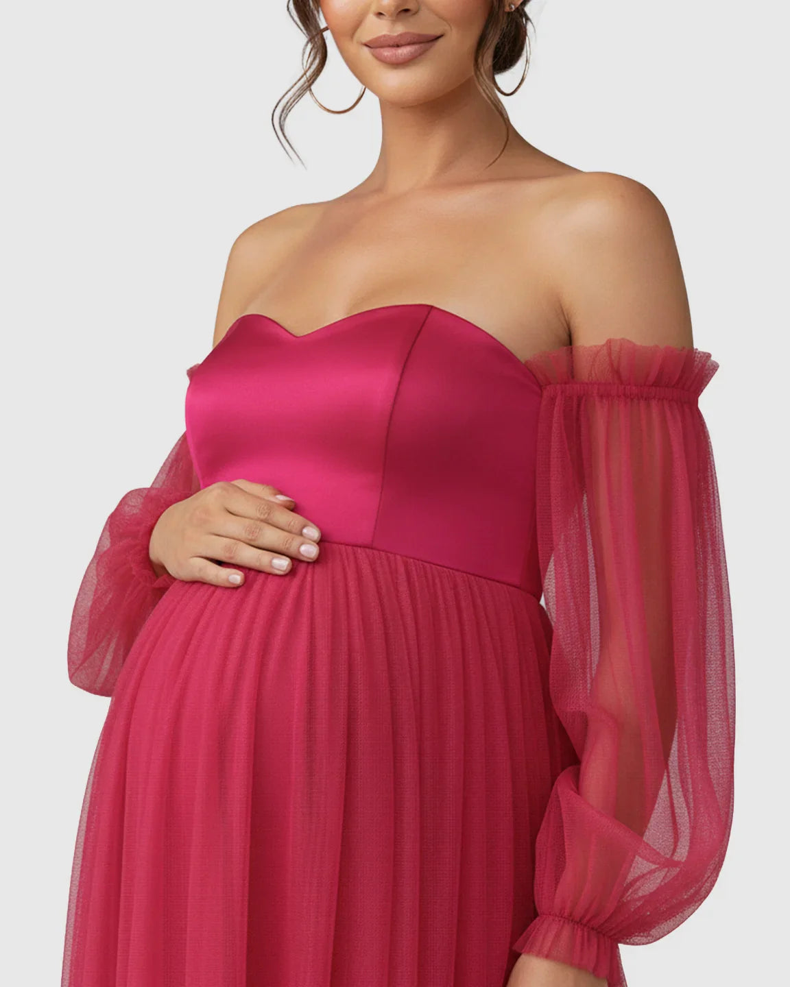 Bump Society – The Comfort Collection: Off-Shoulder Mesh-Sleeve Maternity Gown