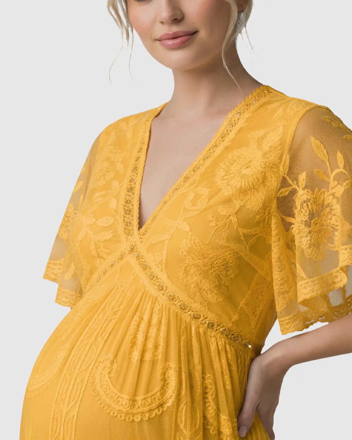 Bump Society – The Comfort Collection: Sheer-Lace Romantic Maternity Maxi Dress