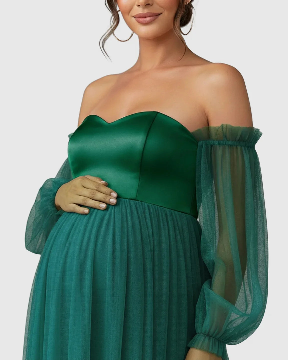Bump Society – The Comfort Collection: Off-Shoulder Mesh-Sleeve Maternity Gown
