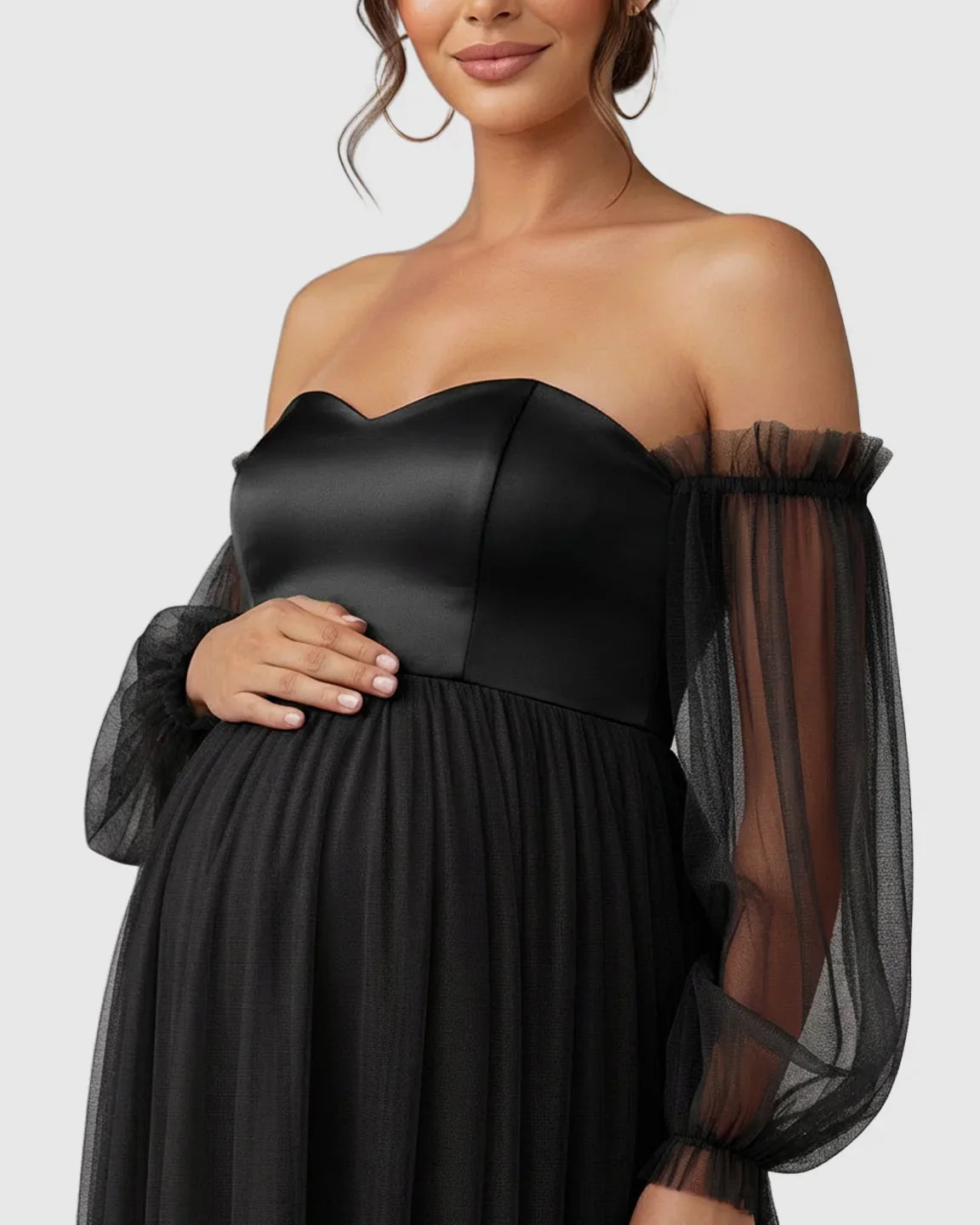 Bump Society – The Comfort Collection: Off-Shoulder Mesh-Sleeve Maternity Gown