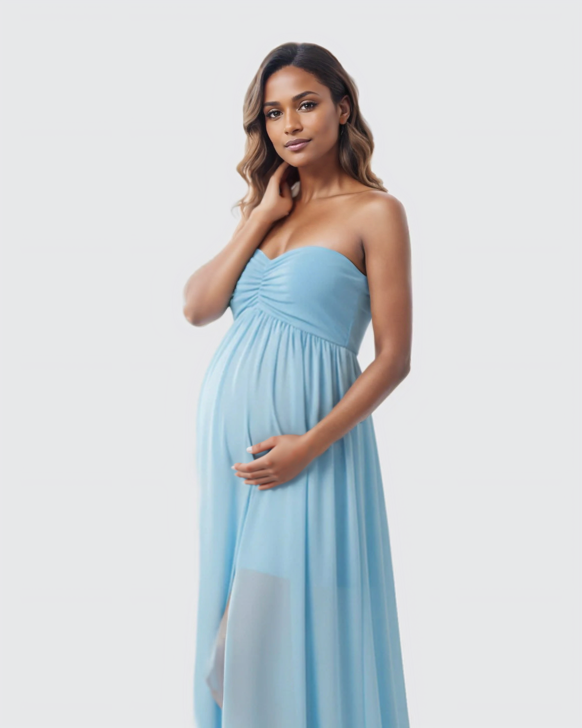 Bump Society – The Comfort Collection: Strapless Chiffon Train Maternity Gown