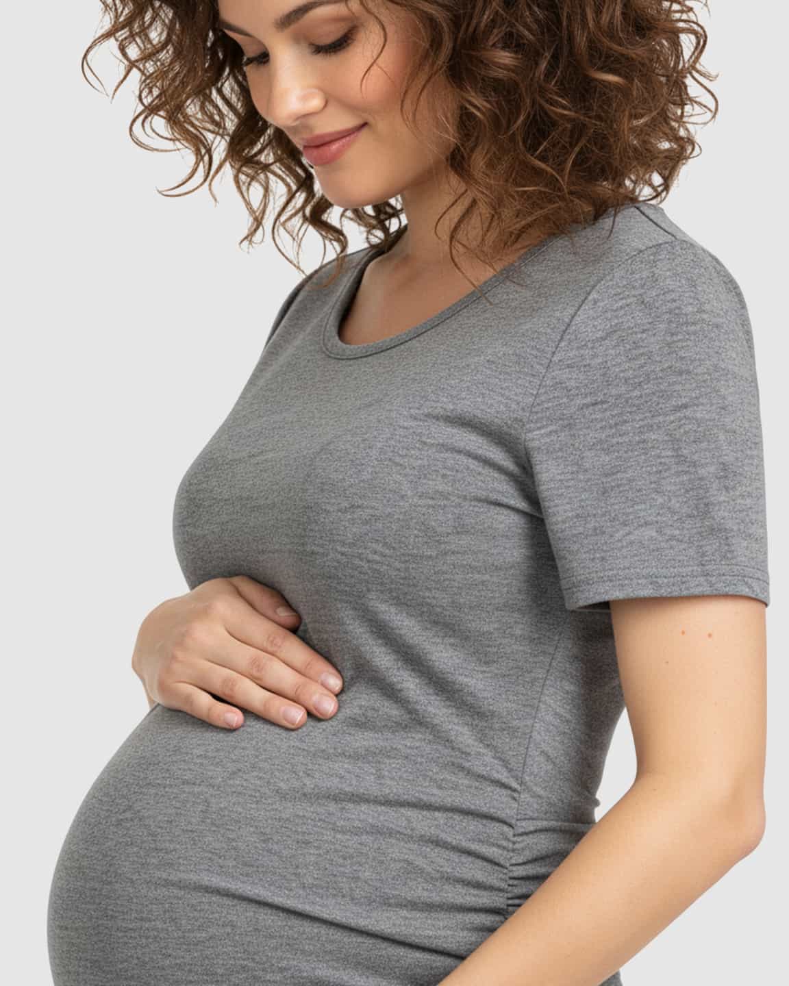 Bump Society – The Comfort Collection: Grey Ruched Bodycon Maternity Midi Dress.