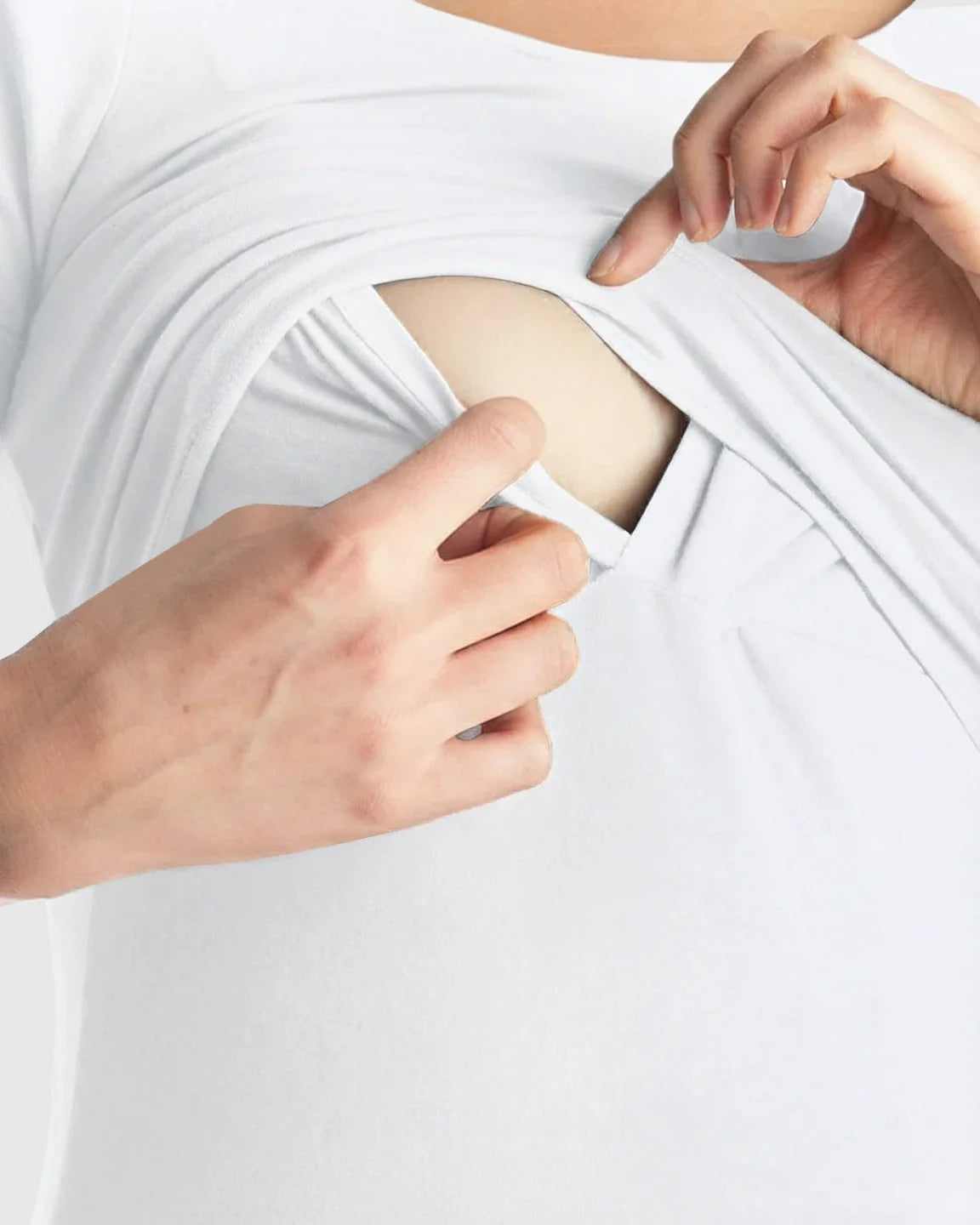 White stretch-fit V-neck nursing t-shirt with discreet lift-up access for breastfeeding.