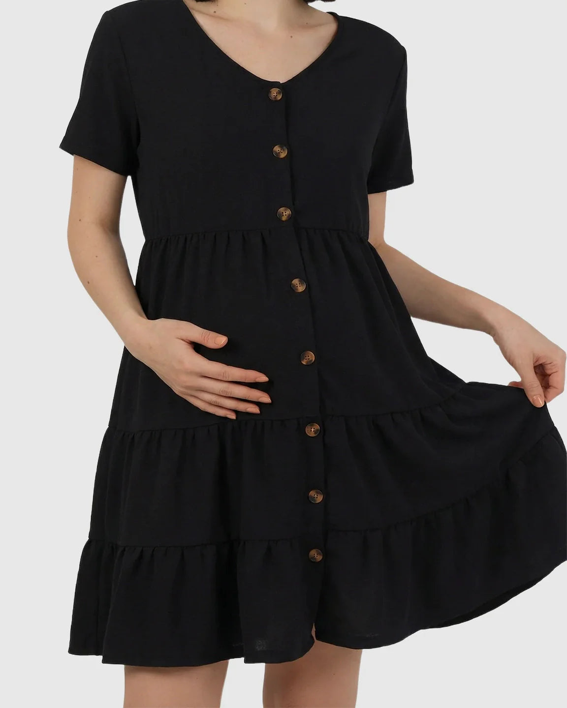 Bump Society – The Comfort Collection: Button Up Tiered Maternity Mini Dress