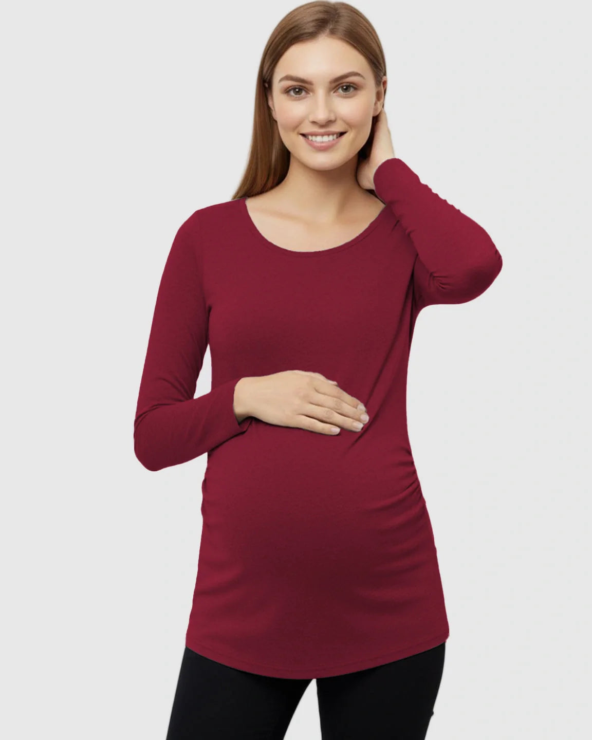 Bump Society – The Comfort Collection: Side Ruched Slim Fit Long Sleeve Maternity Top