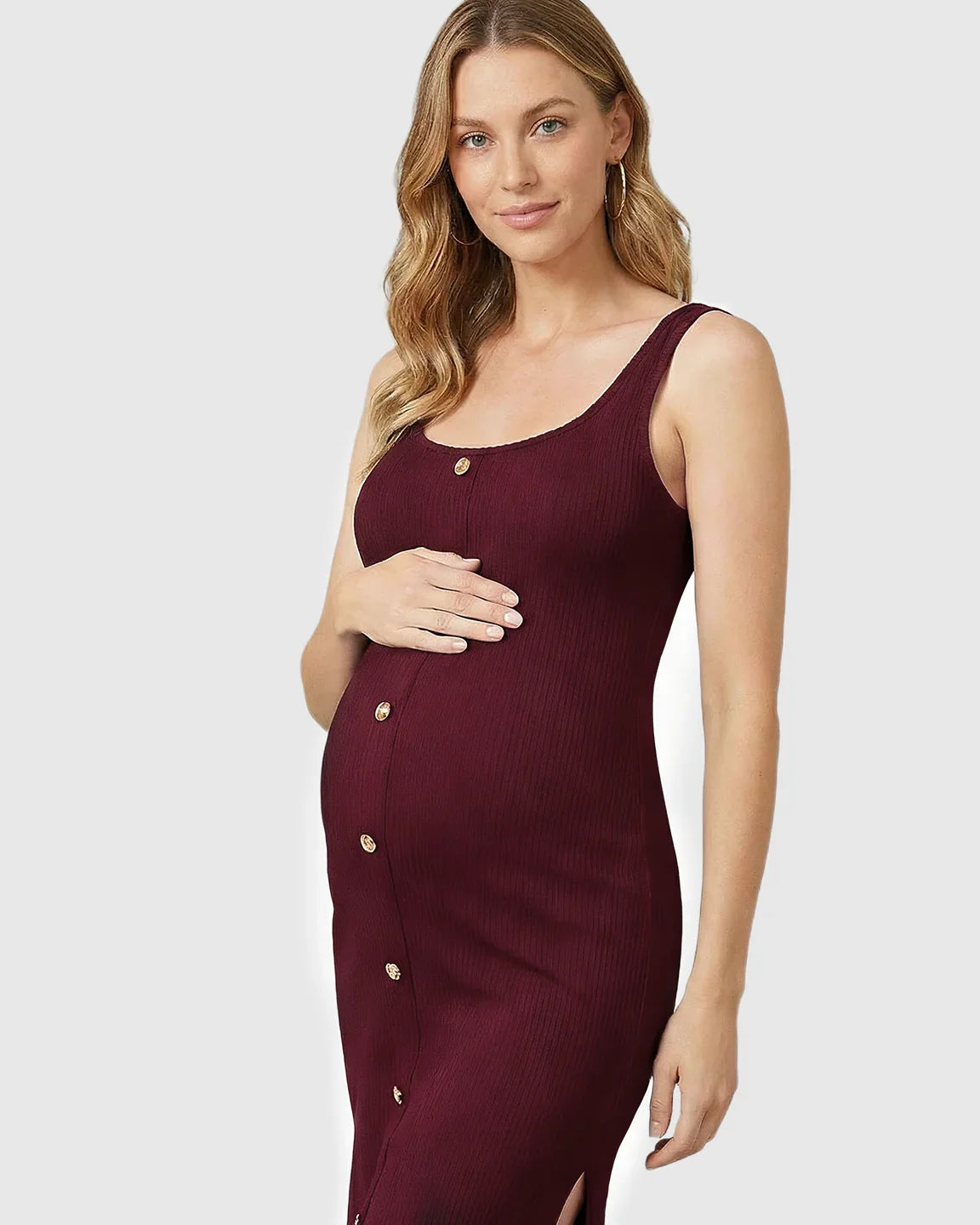 Bump Society – The Comfort Collection: Button-Front Bodycon Maternity Midi Dress