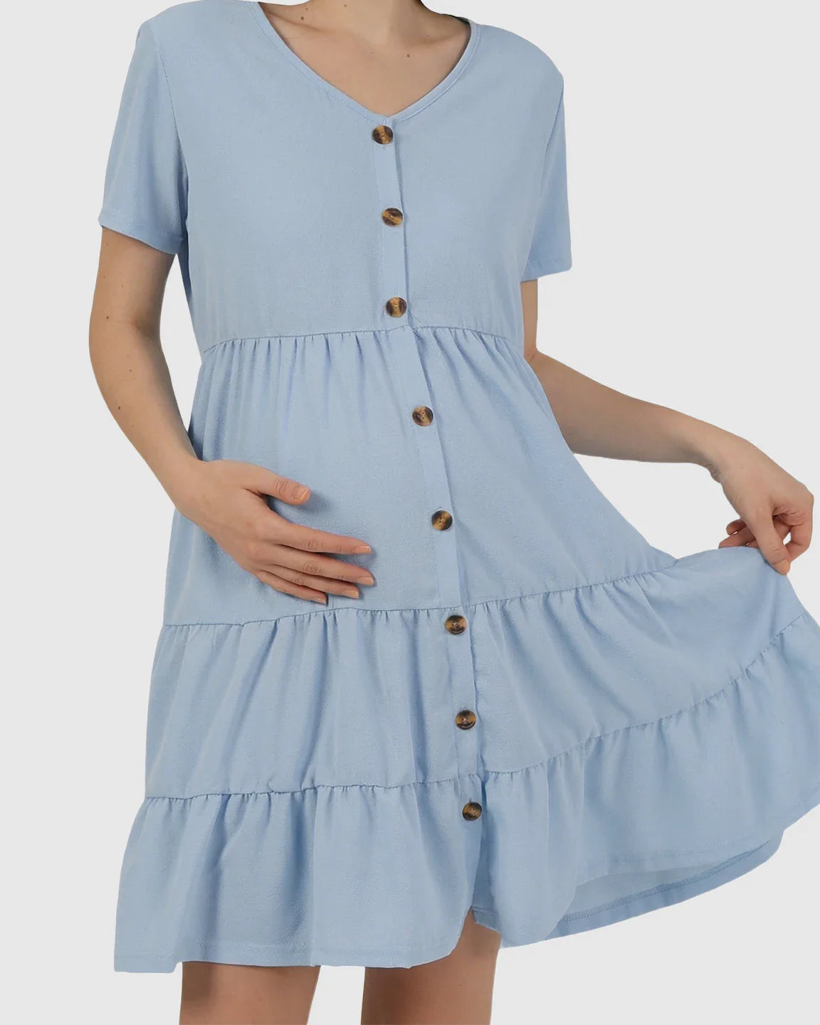 Bump Society – The Comfort Collection: Button Up Tiered Maternity Mini Dress