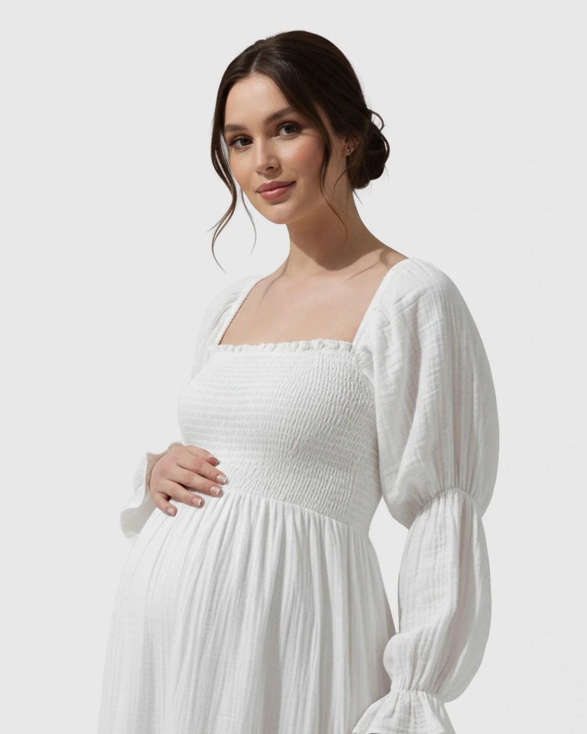 Bump Society – The Comfort Collection: Puffed Long-Sleeve Tiered Skirt Maternity Maxi Dress