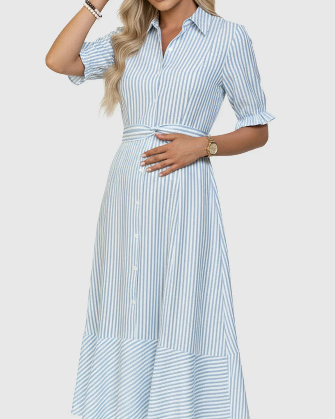 Blue and white striped A-line maternity dress with lapel collar, puff sleeves, and tie waist.
