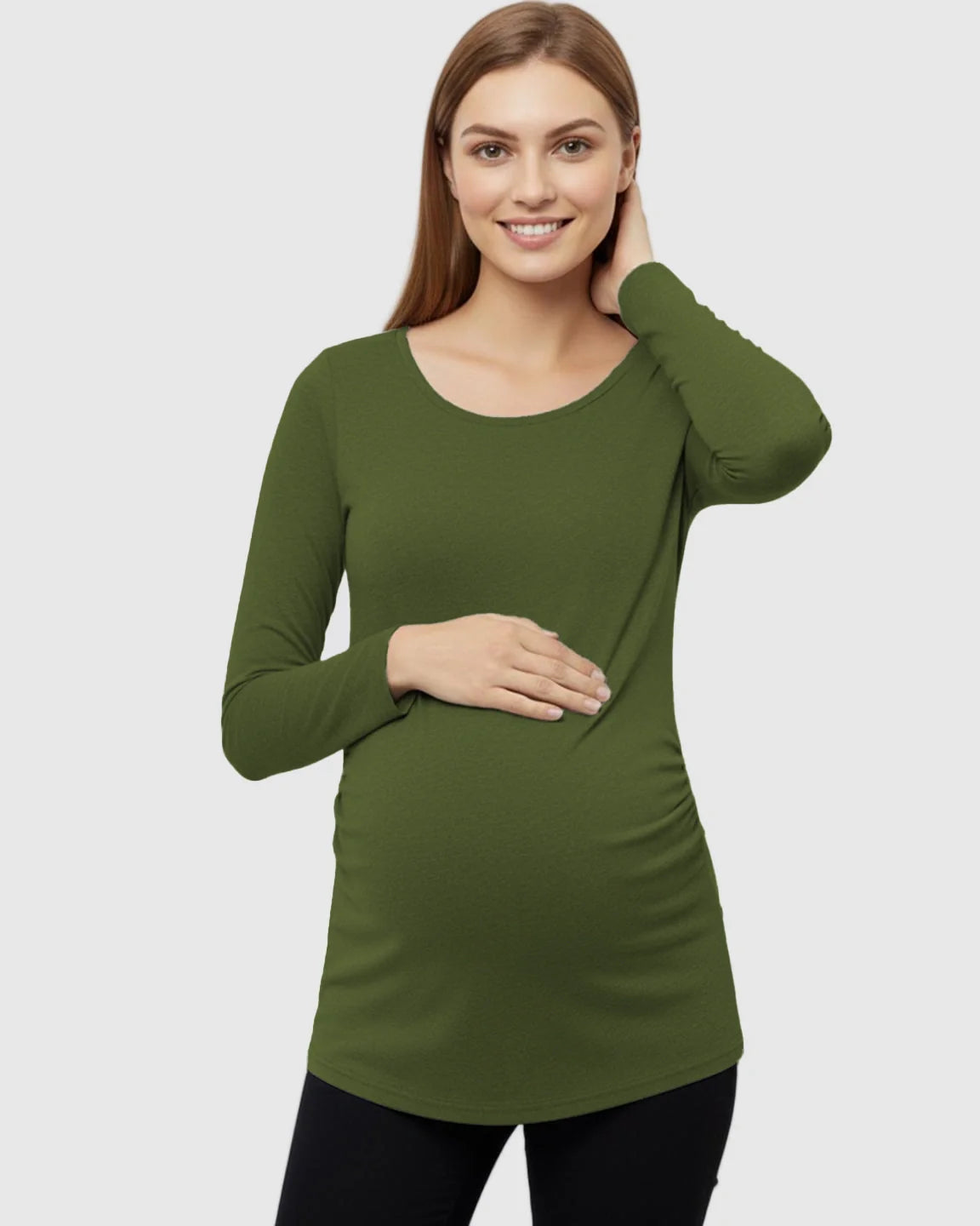 Bump Society – The Comfort Collection: Side Ruched Slim Fit Long Sleeve Maternity Top