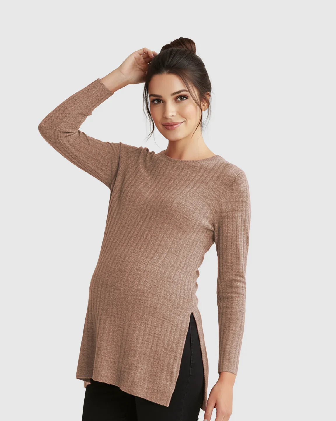 Bump Society – The Comfort Collection: Ribbed Knit Side-Slit Long Sleeve Maternity Top