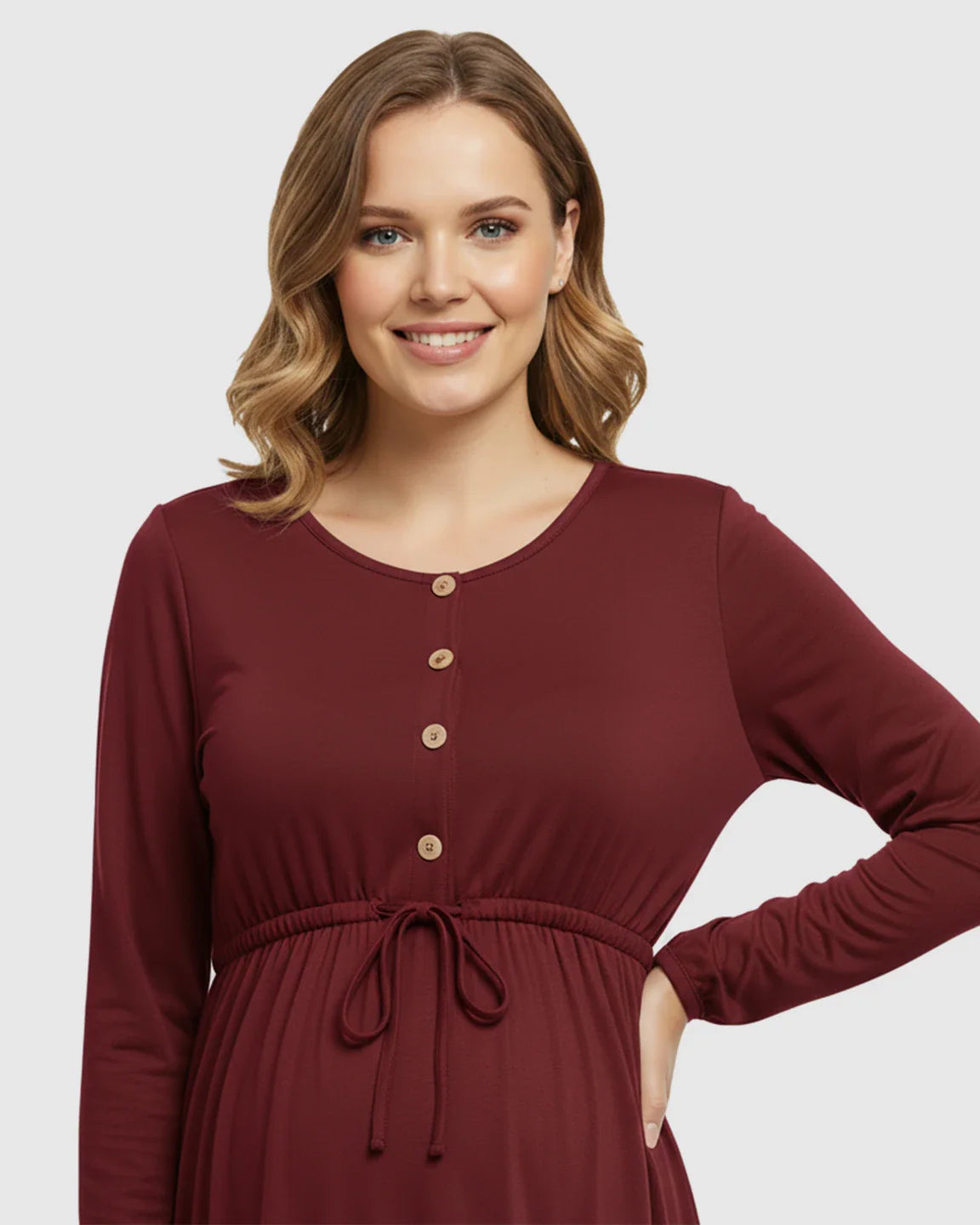 Bump Society – The Comfort Collection: Button-Front Drawstring Waist Maternity Dress