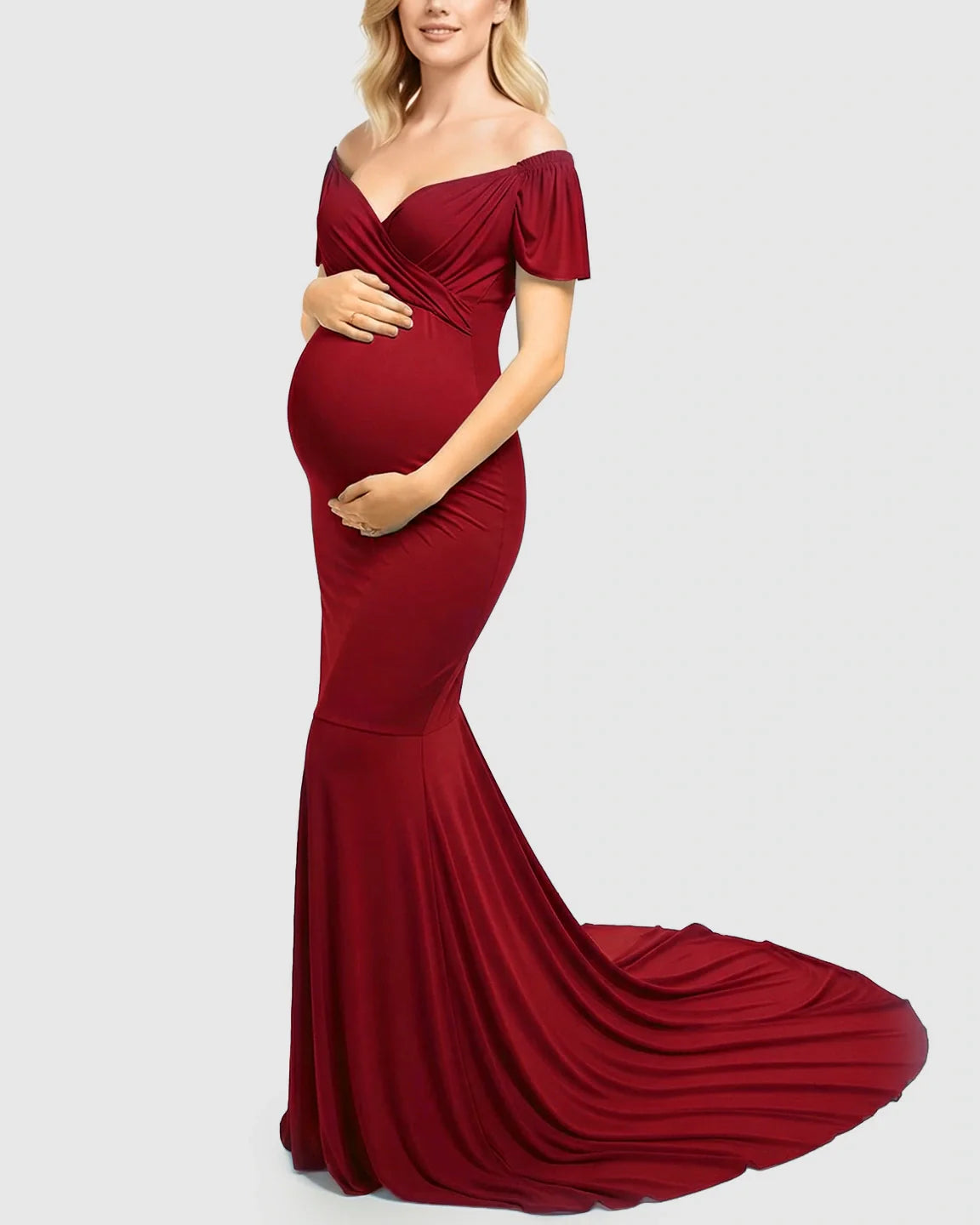 Bump Society – The Comfort Collection: Off-Shoulder Fitted Mermaid Style Maternity Photoshoot Gown