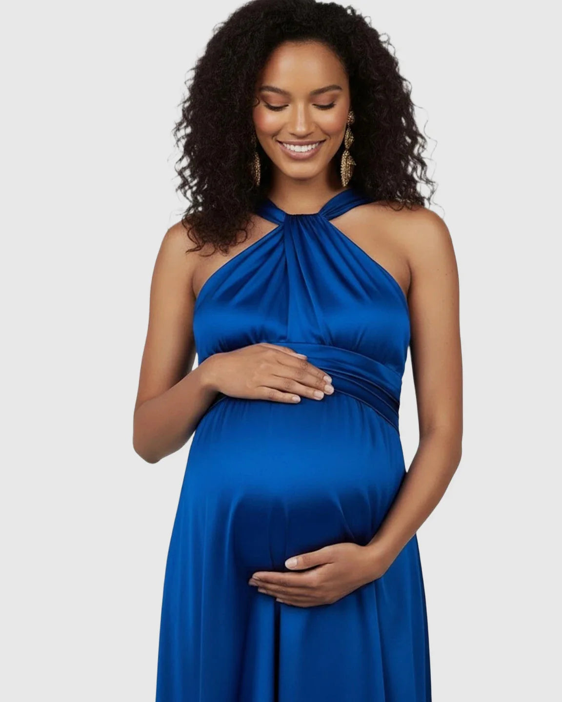 Bump Society – The Comfort Collection: Elegant Halter Neck Tie Waist Maternity Maxi Dress