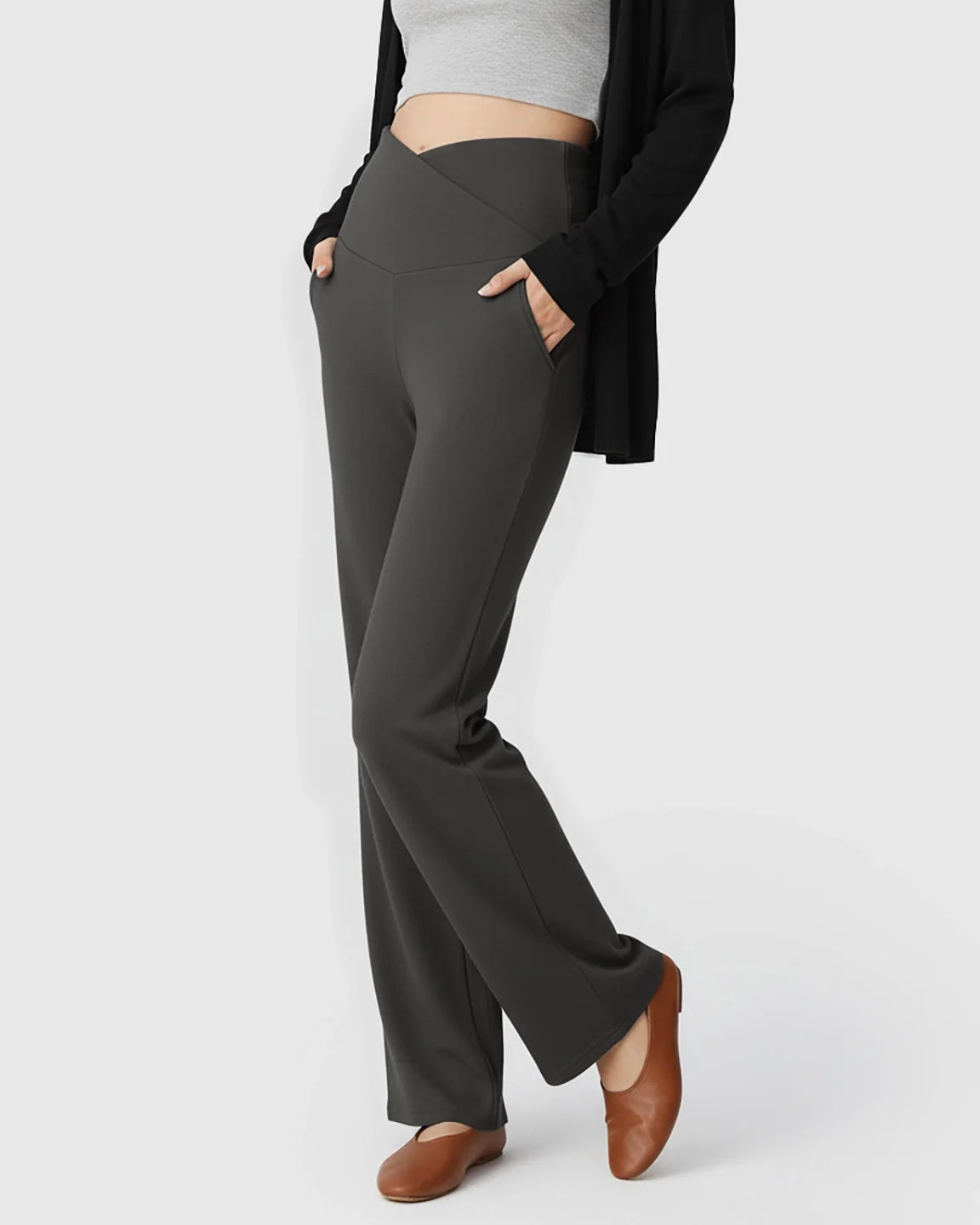 Dark grey wide-leg maternity lounge pants with a crossover waist and deep side pockets.