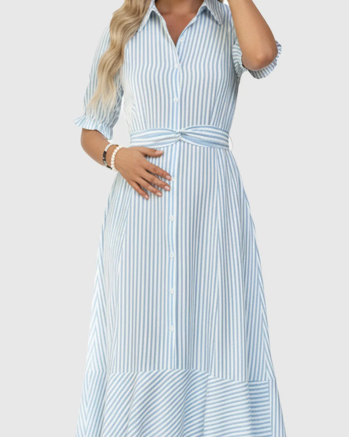 Light blue and white striped maternity A-line dress with lapel collar, puff sleeves, and knotted waist.