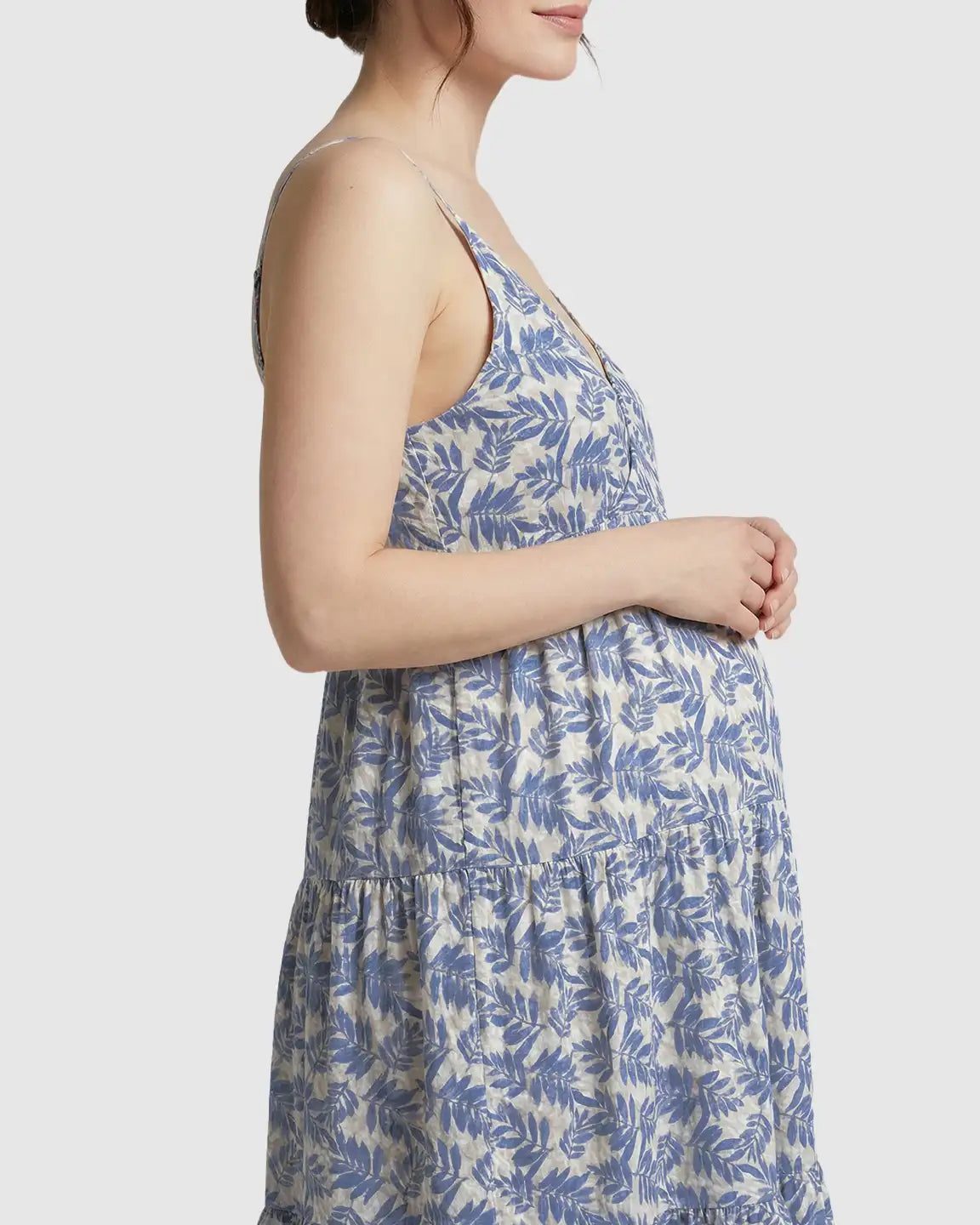 Bump Society – The Comfort Collection: Adjustable-Strap Blue Leaves Print Maternity Nightdress