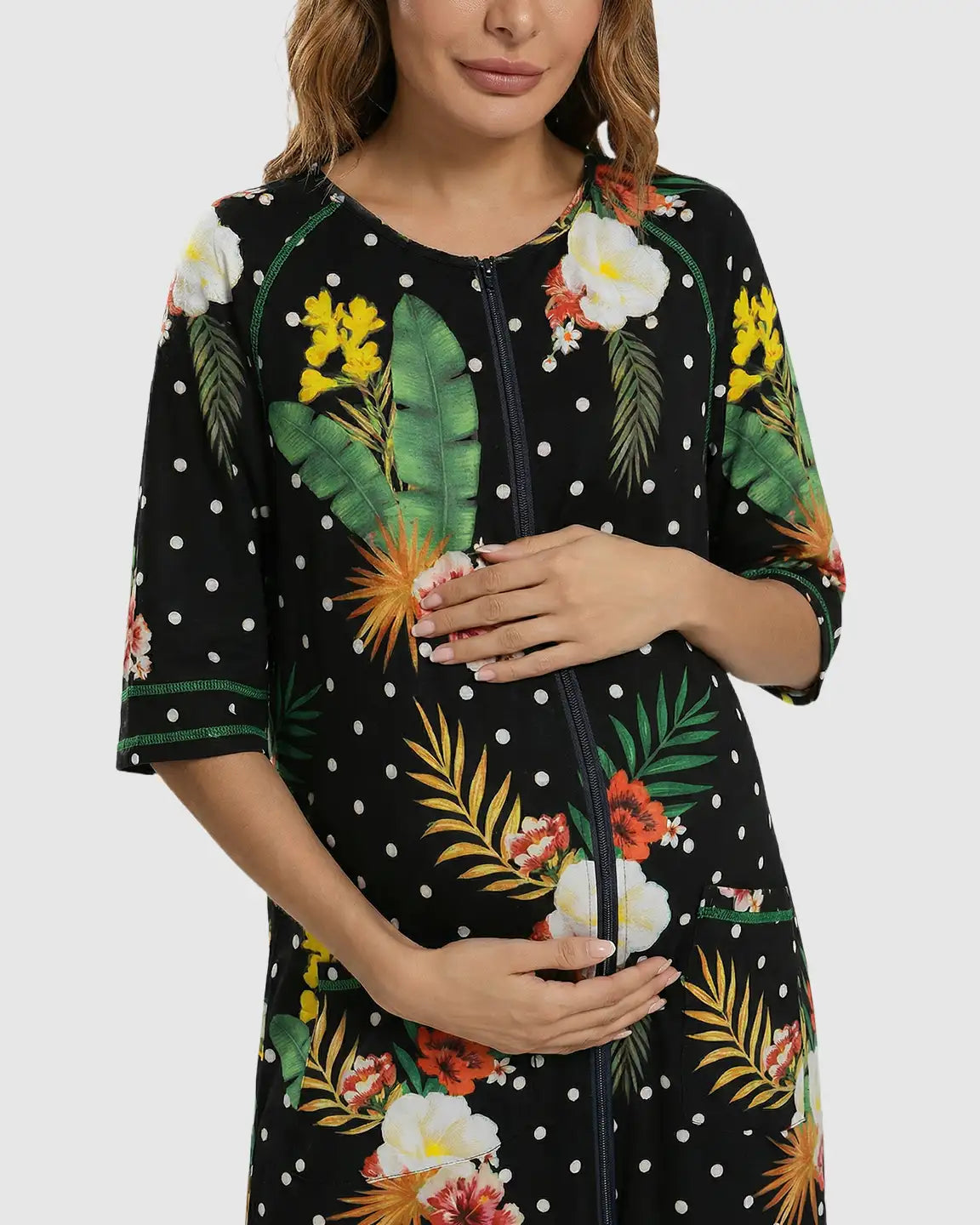 Bump Society – The Nursing Collection: Zip Front Tropical Print Maternity Nursing Lounge Dress