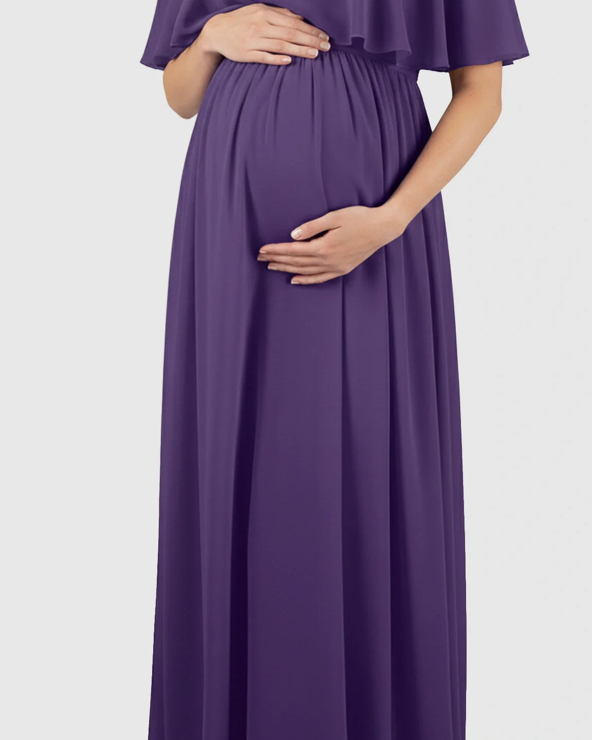 Purple chiffon off-shoulder bohemian maternity dress with a flowing silhouette, highlighting a pregnant belly.